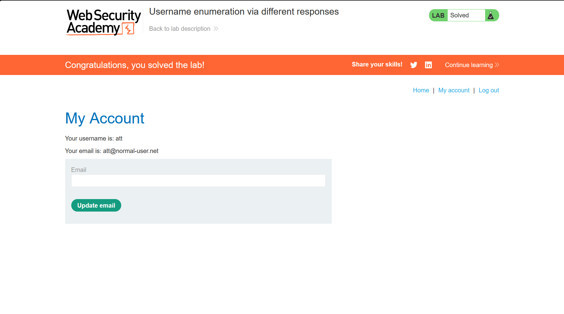 PortSwigger Web Security Academy account page confirming the username enumeration lab is solved