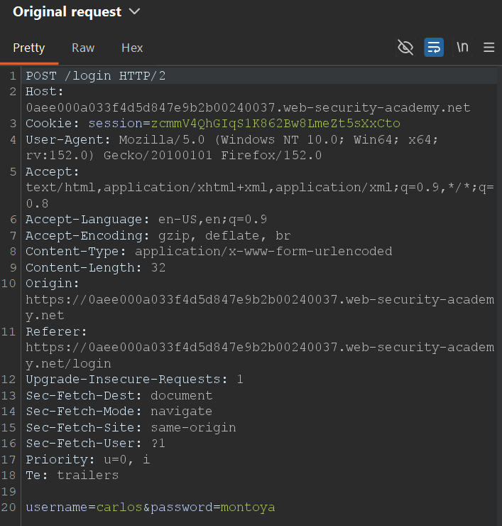 Burp Suite showing the first-factor login request for Carlos with the known password montoya