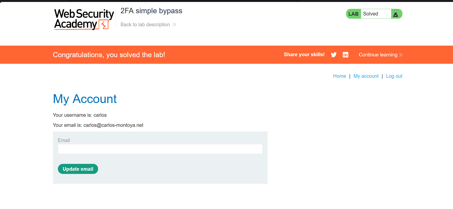 PortSwigger Web Security Academy confirming the 2FA simple bypass lab is solved on Carlos's account page