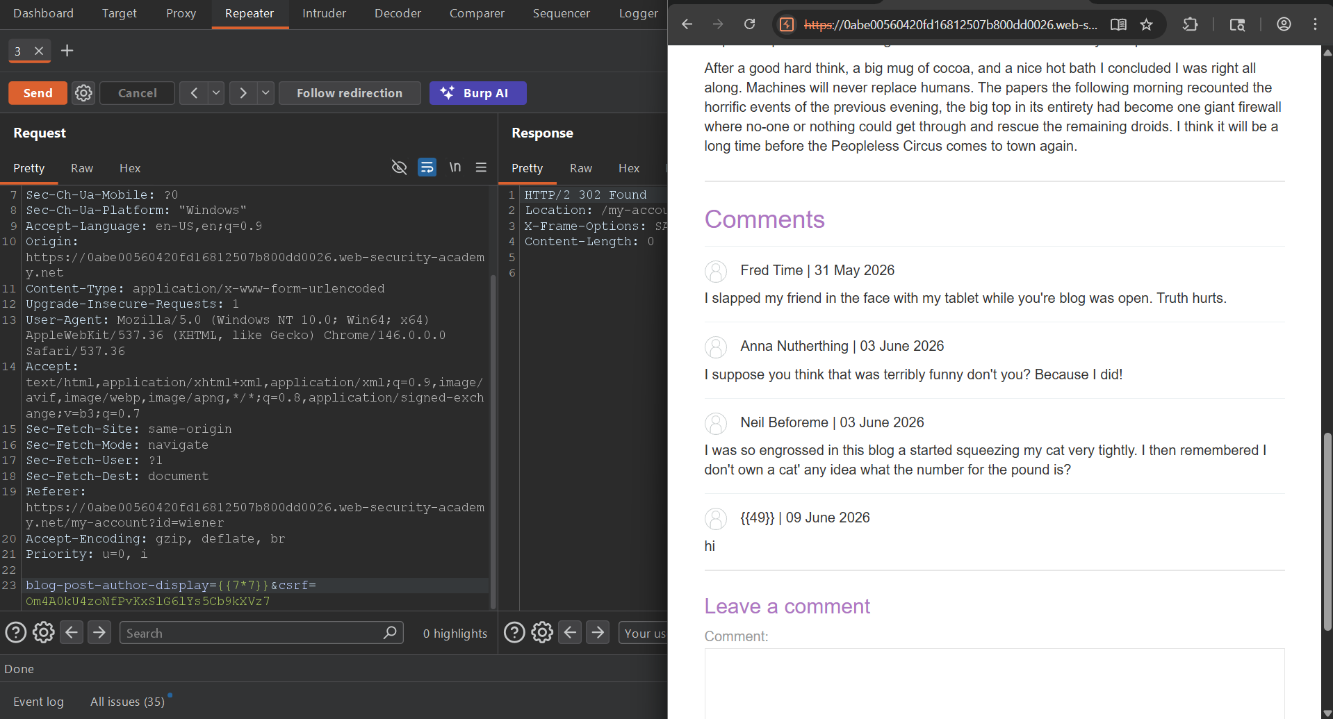 Burp Repeater request showing the blog-post-author-display parameter set to {{7*7}} and the rendered comment author appearing as {{49}}.