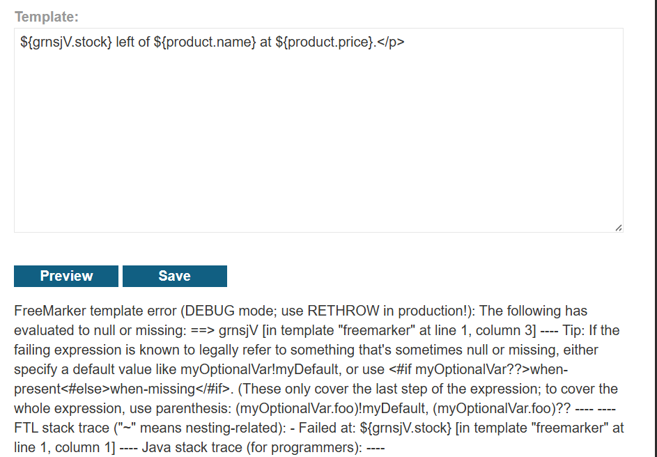 Template editor showing ${grnsjV.stock} and the resulting FreeMarker template error page.