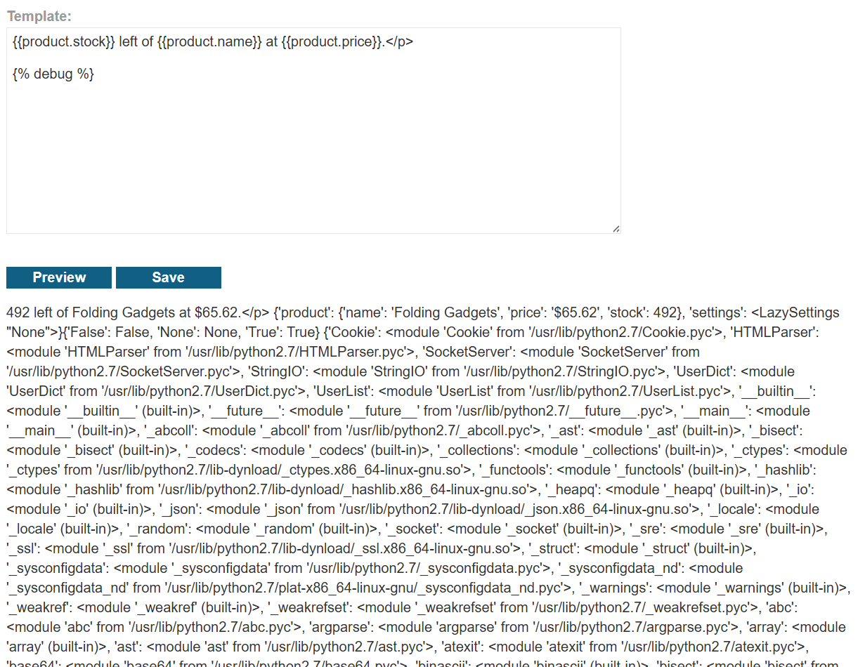 Template preview showing {% debug %} and a huge context dump that includes product data and settings.