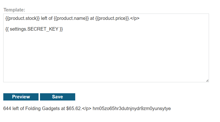 Template preview showing {{ settings.SECRET_KEY }} and the secret key printed in the page output.