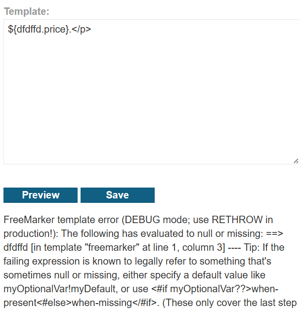 FreeMarker template editor showing an undefined variable error for ${dfdfd.price}.