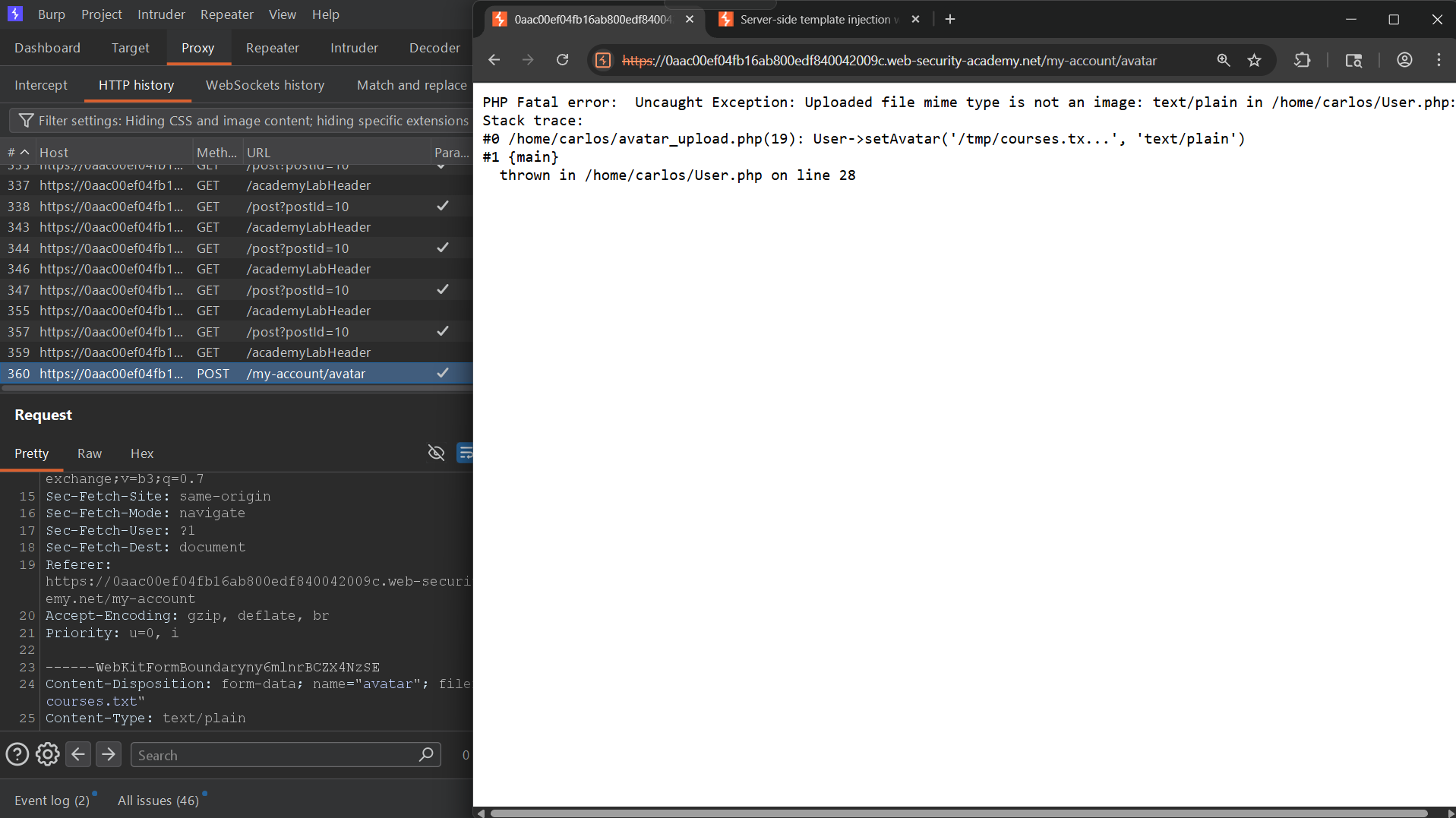 Avatar upload with a text file causing a PHP fatal error that reveals the MIME check and references User.php.