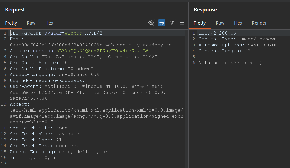 GET request to the avatar endpoint returning a short 'Nothing to see here :)' response.