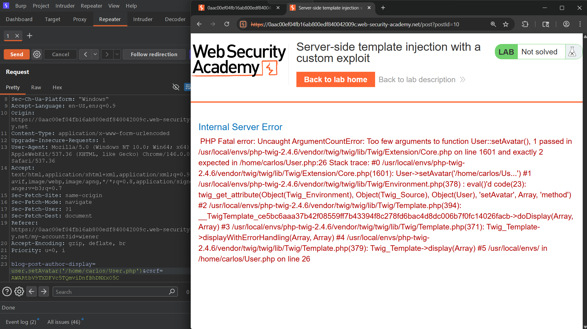 Twig template injection causing an internal server error that says User::setAvatar expects exactly two arguments.