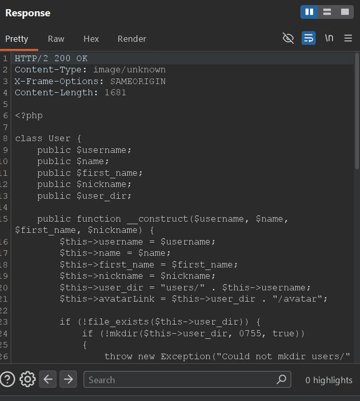 Avatar endpoint response returning the source code of User.php.