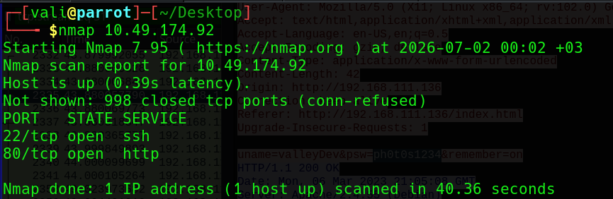 Nmap scan of the Valley target showing SSH on port 22 and HTTP on port 80