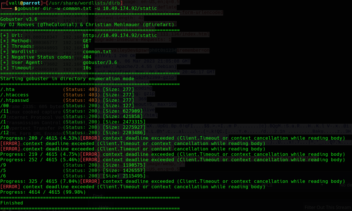 Gobuster scanning the Valley static directory and discovering multiple numeric resources
