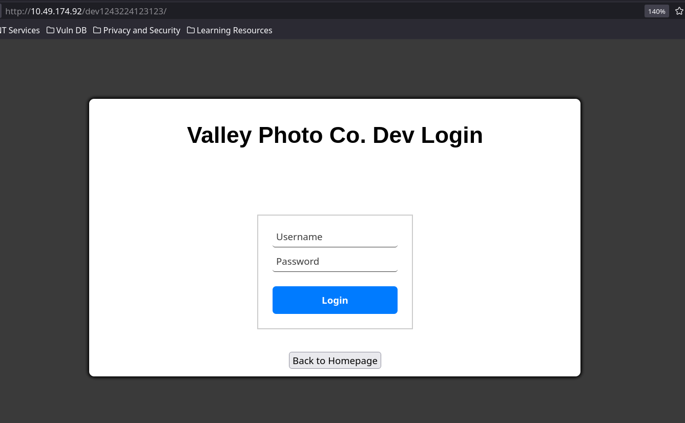 Valley Photo Company developer login page at the leaked development path