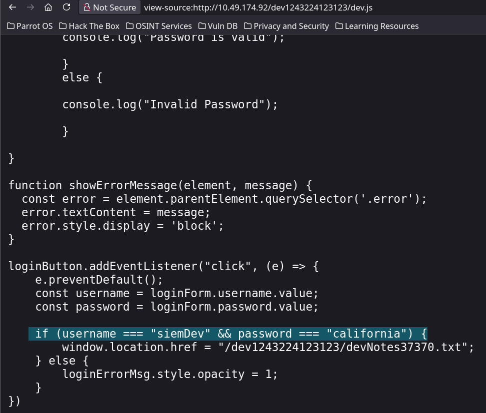 Valley dev.js source showing the hard-coded siemDev and california credentials and redirect to a developer notes file
