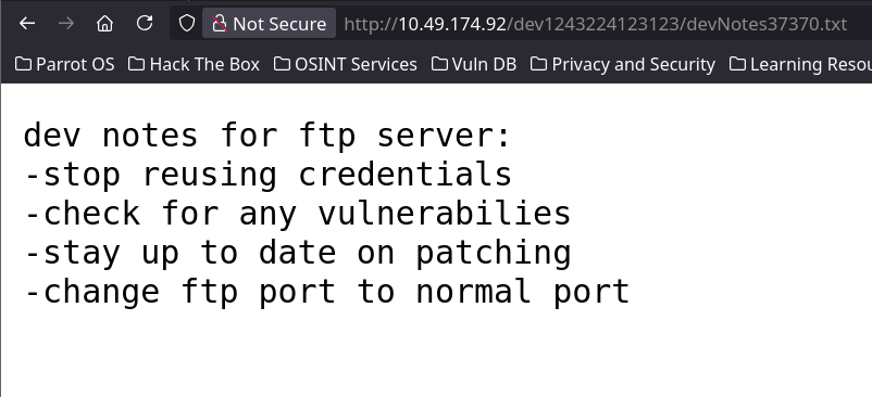 Valley developer notes warning about reused credentials and an FTP server running on a nonstandard port