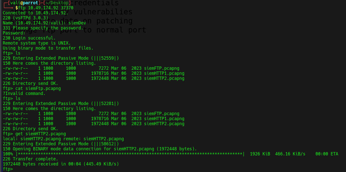 FTP session on port 37370 authenticated as siemDev and downloading siemHTTP2.pcapng