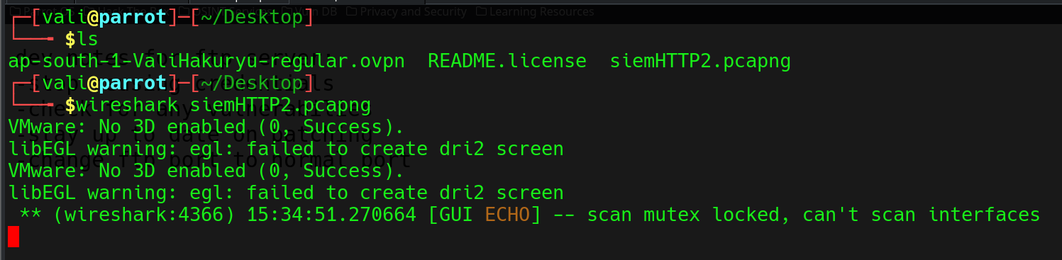 Terminal launching Wireshark with the downloaded siemHTTP2 packet capture