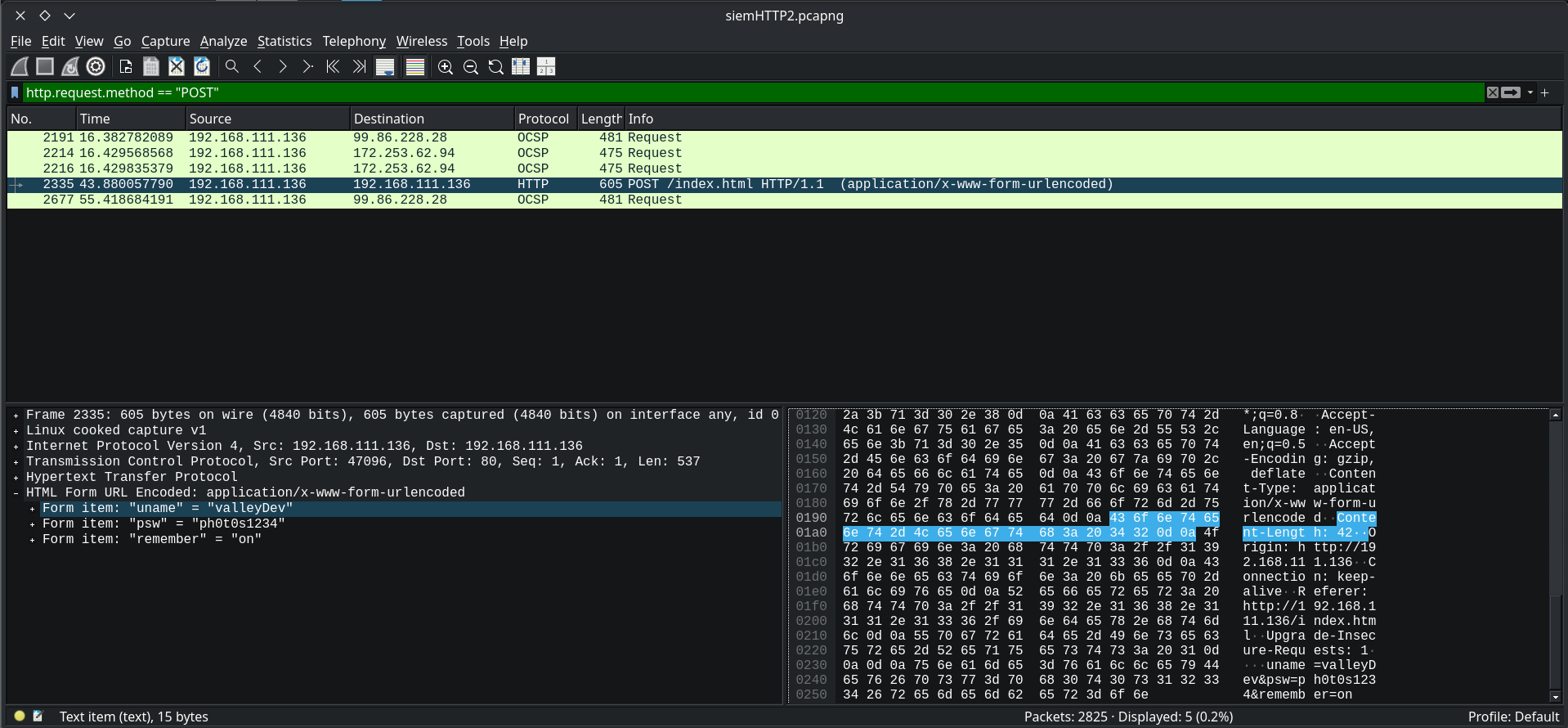 Wireshark showing a cleartext HTTP POST with valleyDev and ph0t0s1234 form values