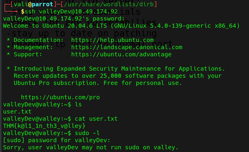 SSH session as valleyDev showing user.txt and a sudo denial on the Valley host