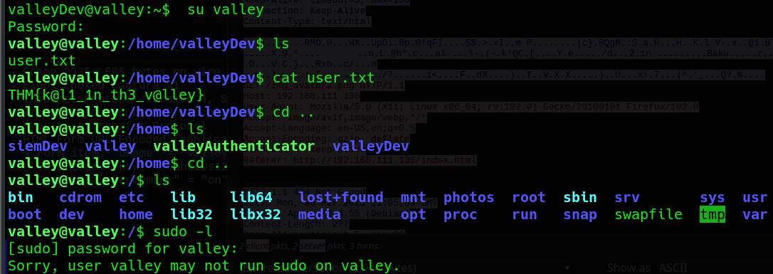 Successful switch from valleyDev to valley followed by home and root filesystem enumeration